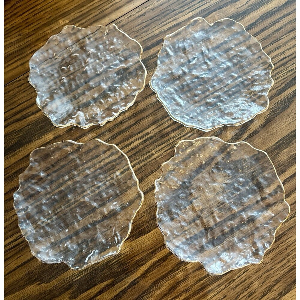 Clear Glass Plates With Gold Trim Scalloped Edges Set Of 4 Textured 6 Inch